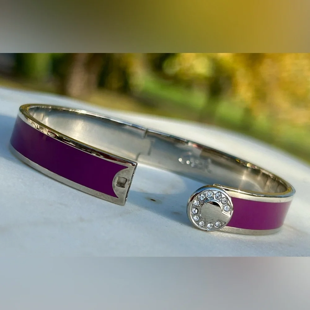 Coach Signature C Magenta Purple Silver Enameled Hinged Bangle Bracelet